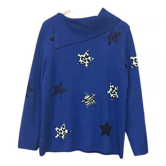 Investments Women’s Lagenlook Animal Print Stars Royal Blue Tunic Sweater Medium - Picture 6 of 13